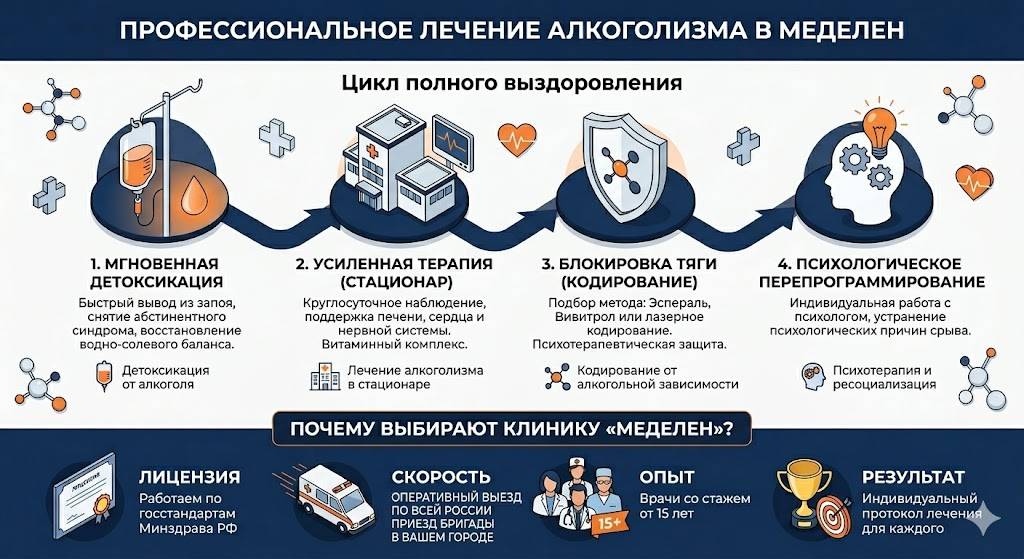 Инфографика на тему лечения алкоголизма Инфографика на тему профессионального лечения алкоголизма в МедЭлен в голубых тонах
